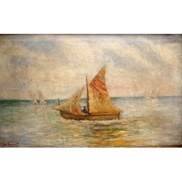 ANTICO PICCOLO QUADRO DIPINTO OLIO TELA PAESAGGIO MARINA De Vayvelt BARCA VELA 