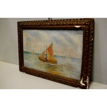 ANTICO PICCOLO QUADRO DIPINTO OLIO TELA PAESAGGIO MARINA De Vayvelt BARCA VELA 