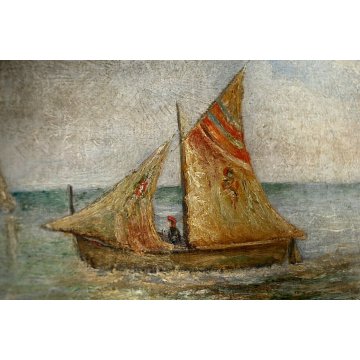 ANTICO PICCOLO QUADRO DIPINTO OLIO TELA PAESAGGIO MARINA De Vayvelt BARCA VELA 