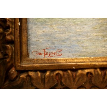 ANTICO PICCOLO QUADRO DIPINTO OLIO TELA PAESAGGIO MARINA De Vayvelt BARCA VELA 