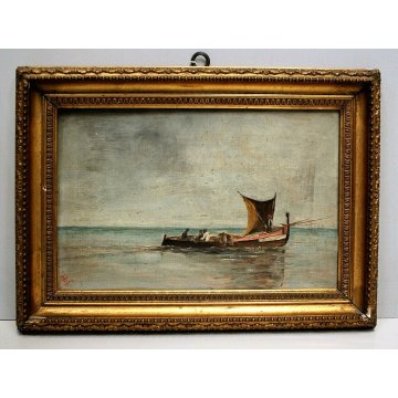 ANTICO PICCOLO QUADRO OLIO TAVOLA PAESAGGIO MARINA BARCA PESCATORI PESCA 1892