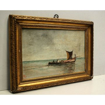 ANTICO PICCOLO QUADRO OLIO TAVOLA PAESAGGIO MARINA BARCA PESCATORI PESCA 1892