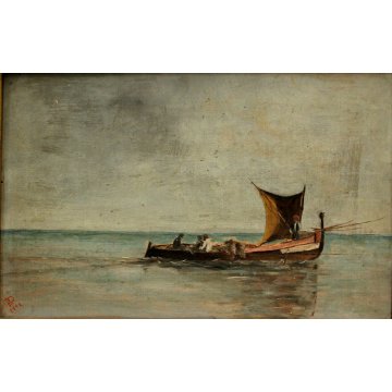 ANTICO PICCOLO QUADRO OLIO TAVOLA PAESAGGIO MARINA BARCA PESCATORI PESCA 1892