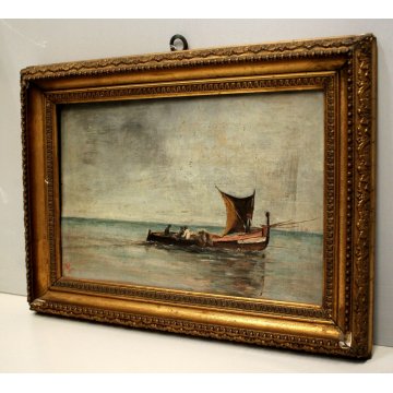 ANTICO PICCOLO QUADRO OLIO TAVOLA PAESAGGIO MARINA BARCA PESCATORI PESCA 1892