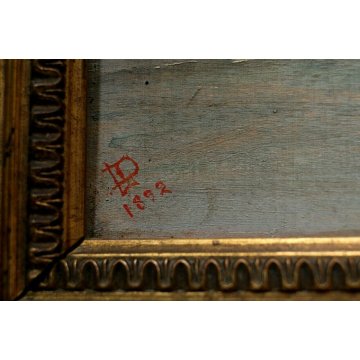 ANTICO PICCOLO QUADRO OLIO TAVOLA PAESAGGIO MARINA BARCA PESCATORI PESCA 1892