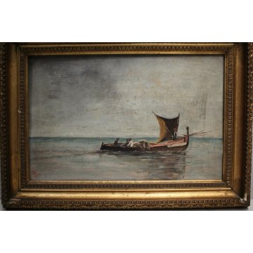 ANTICO PICCOLO QUADRO OLIO TAVOLA PAESAGGIO MARINA BARCA PESCATORI PESCA 1892