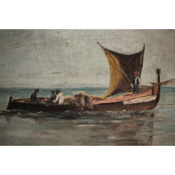 ANTICO PICCOLO QUADRO OLIO TAVOLA PAESAGGIO MARINA BARCA PESCATORI PESCA 1892