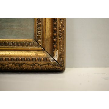 ANTICO PICCOLO QUADRO OLIO TAVOLA PAESAGGIO MARINA BARCA PESCATORI PESCA 1892