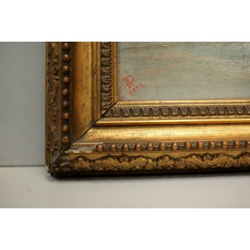 ANTICO PICCOLO QUADRO OLIO TAVOLA PAESAGGIO MARINA BARCA PESCATORI PESCA 1892