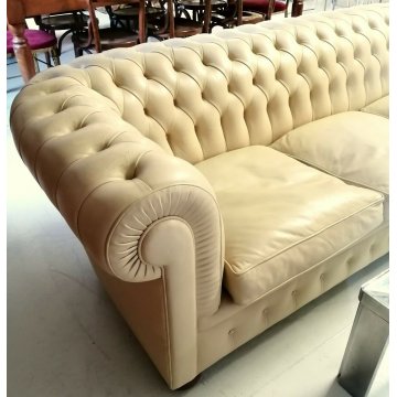 DIVANO 3 posti CHESTERFIELD anni 70 PELLE AVORIO capitonnè VINTAGE LEATHER SOFA