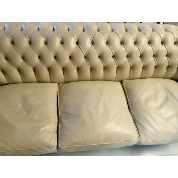 DIVANO 3 posti CHESTERFIELD anni 70 PELLE AVORIO capitonnè VINTAGE LEATHER SOFA