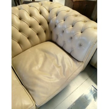 DIVANO 3 posti CHESTERFIELD anni 70 PELLE AVORIO capitonnè VINTAGE LEATHER SOFA