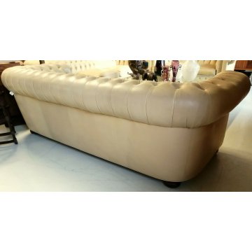 DIVANO 3 posti CHESTERFIELD anni 70 PELLE AVORIO capitonnè VINTAGE LEATHER SOFA