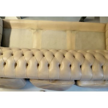 DIVANO 3 posti CHESTERFIELD anni 70 PELLE AVORIO capitonnè VINTAGE LEATHER SOFA