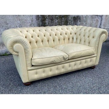 DIVANO 2 posti CHESTERFIELD anni 70 PELLE AVORIO capitonnè VINTAGE LEATHER SOFA