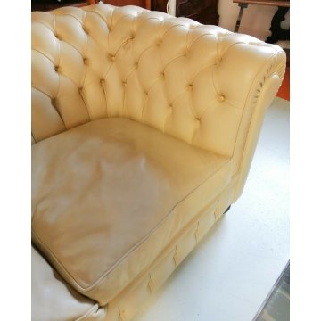 DIVANO 2 posti CHESTERFIELD anni 70 PELLE AVORIO capitonnè VINTAGE LEATHER SOFA