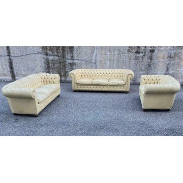 DIVANO 2 posti CHESTERFIELD anni 70 PELLE AVORIO capitonnè VINTAGE LEATHER SOFA