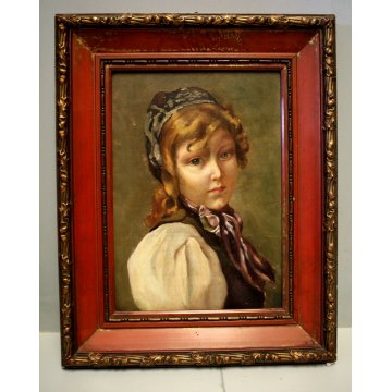  ANTICO QUADRO RITRATTO BIMBA OLIO TAVOLA FANCIULLA CORNICE ROSSO ORO FOGLIE 
