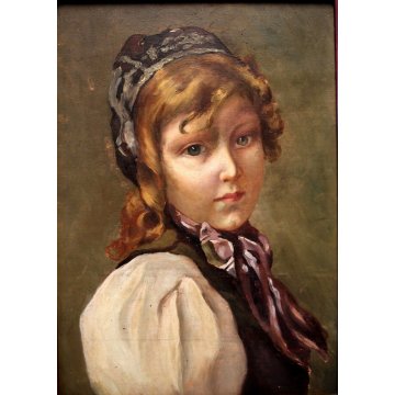  ANTICO QUADRO RITRATTO BIMBA OLIO TAVOLA FANCIULLA CORNICE ROSSO ORO FOGLIE 