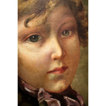  ANTICO QUADRO RITRATTO BIMBA OLIO TAVOLA FANCIULLA CORNICE ROSSO ORO FOGLIE 