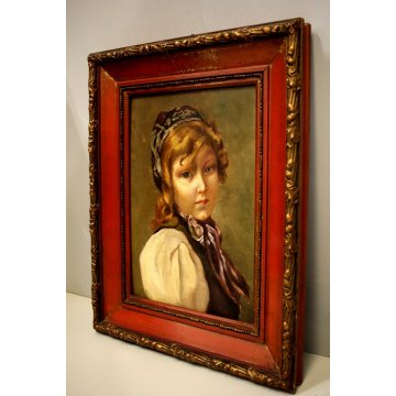  ANTICO QUADRO RITRATTO BIMBA OLIO TAVOLA FANCIULLA CORNICE ROSSO ORO FOGLIE 