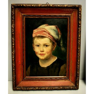 ANTICO QUADRO RITRATTO BIMBO OLIO TAVOLA SCUGNIZZO CORNICE ROSSO ORO FOGLIE  