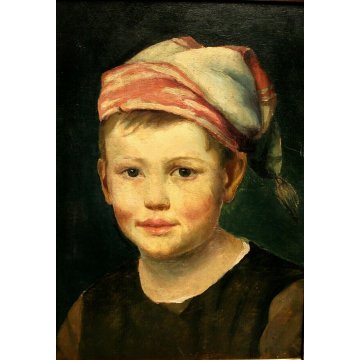 ANTICO QUADRO RITRATTO BIMBO OLIO TAVOLA SCUGNIZZO CORNICE ROSSO ORO FOGLIE  