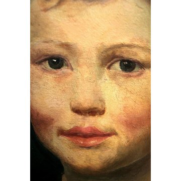 ANTICO QUADRO RITRATTO BIMBO OLIO TAVOLA SCUGNIZZO CORNICE ROSSO ORO FOGLIE  