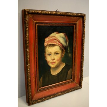 ANTICO QUADRO RITRATTO BIMBO OLIO TAVOLA SCUGNIZZO CORNICE ROSSO ORO FOGLIE  