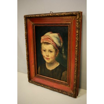 ANTICO QUADRO RITRATTO BIMBO OLIO TAVOLA SCUGNIZZO CORNICE ROSSO ORO FOGLIE  