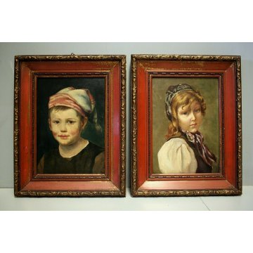 ANTICO QUADRO RITRATTO BIMBO OLIO TAVOLA SCUGNIZZO CORNICE ROSSO ORO FOGLIE  