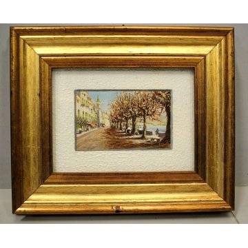 ANTICO OLIO QUADRO F.Orsini PAESAGGIO VEDUTA Belgirate LUNGOLAGO VIALE ALBERATO 
