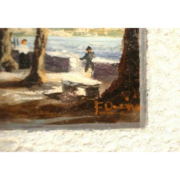 ANTICO OLIO QUADRO F.Orsini PAESAGGIO VEDUTA Belgirate LUNGOLAGO VIALE ALBERATO 