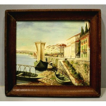 ANTICO PICCOLO QUADRO OLIO F.Orsini  VEDUTA Belgirate LUNGO LAGO BARCHE Sempione