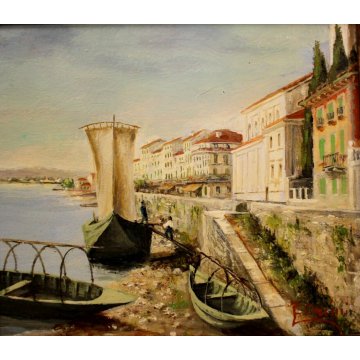 ANTICO PICCOLO QUADRO OLIO F.Orsini  VEDUTA Belgirate LUNGO LAGO BARCHE Sempione