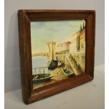 ANTICO PICCOLO QUADRO OLIO F.Orsini  VEDUTA Belgirate LUNGO LAGO BARCHE Sempione