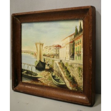 ANTICO PICCOLO QUADRO OLIO F.Orsini  VEDUTA Belgirate LUNGO LAGO BARCHE Sempione