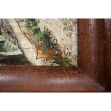 ANTICO PICCOLO QUADRO OLIO F.Orsini  VEDUTA Belgirate LUNGO LAGO BARCHE Sempione