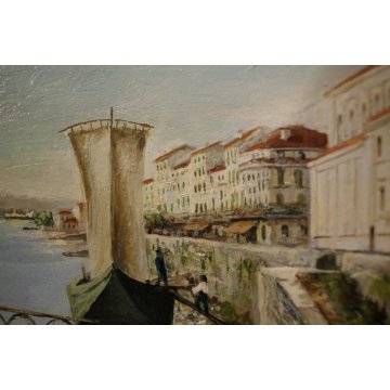 ANTICO PICCOLO QUADRO OLIO F.Orsini  VEDUTA Belgirate LUNGO LAGO BARCHE Sempione