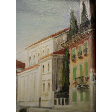 ANTICO PICCOLO QUADRO OLIO F.Orsini  VEDUTA Belgirate LUNGO LAGO BARCHE Sempione