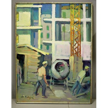 GRANDE QUADRO DIPINTO OLIO TELA B.Ballasini ARONA CANTIERE GRU BETONIERA OPERAI 