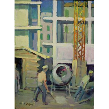 GRANDE QUADRO DIPINTO OLIO TELA B.Ballasini ARONA CANTIERE GRU BETONIERA OPERAI 