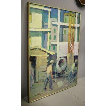GRANDE QUADRO DIPINTO OLIO TELA B.Ballasini ARONA CANTIERE GRU BETONIERA OPERAI 