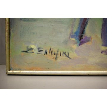 GRANDE QUADRO DIPINTO OLIO TELA B.Ballasini ARONA CANTIERE GRU BETONIERA OPERAI 