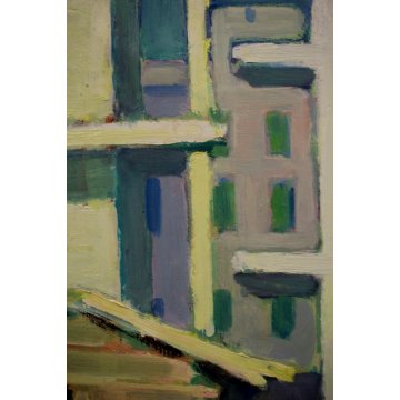 GRANDE QUADRO DIPINTO OLIO TELA B.Ballasini ARONA CANTIERE GRU BETONIERA OPERAI 