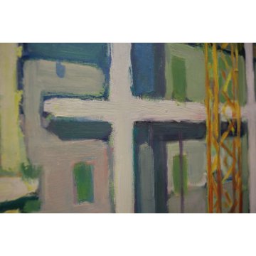 GRANDE QUADRO DIPINTO OLIO TELA B.Ballasini ARONA CANTIERE GRU BETONIERA OPERAI 