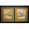 COPPIA ANTICHI QUADRI Gentile Bernardo DISEGNI MATITA PAESAGGI BORGO CITTA' 1955