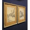 COPPIA ANTICHI QUADRI Gentile Bernardo DISEGNI MATITA PAESAGGI BORGO CITTA' 1955