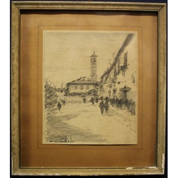 COPPIA ANTICHI QUADRI Gentile Bernardo DISEGNI MATITA PAESAGGI BORGO CITTA' 1955