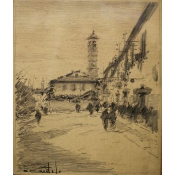 COPPIA ANTICHI QUADRI Gentile Bernardo DISEGNI MATITA PAESAGGI BORGO CITTA' 1955